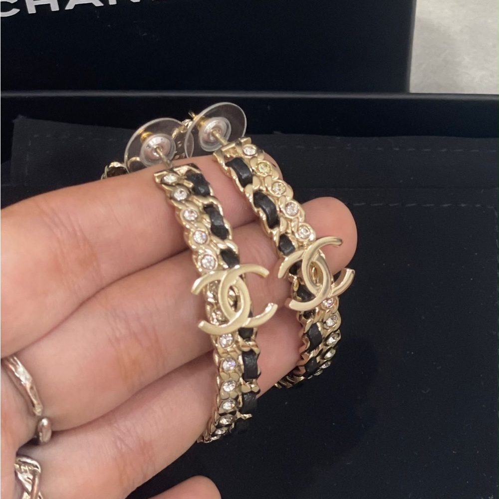 CHANEL Gold and Black Crystal CC Hoop Earrings